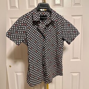 Wildfang Black Short-Sleeve Button-Down Shirt with White & Pink Smiley Faces
